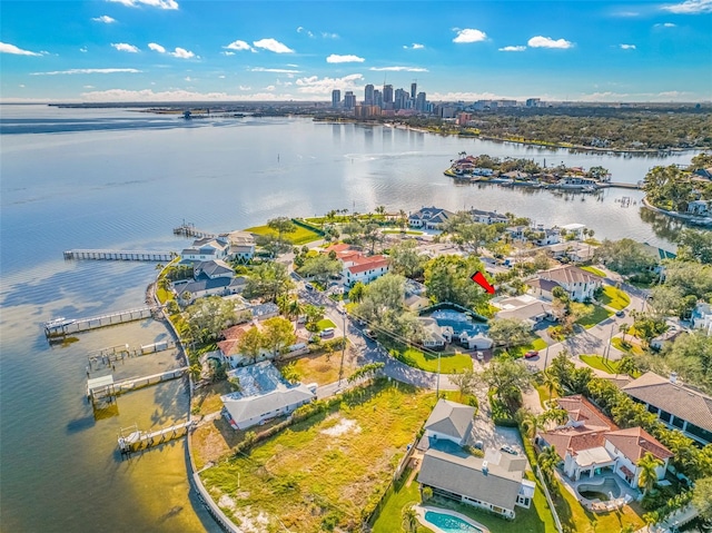 aerial view featuring a water view