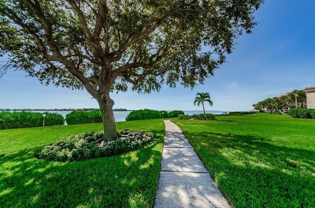 view of property's community featuring a lawn and a water view