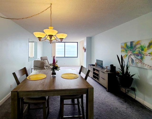 carpeted dining space featuring a chandelier and a textured ceiling