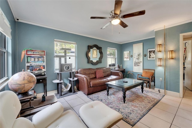 tiled living room featuring ceiling fan and ornamental molding