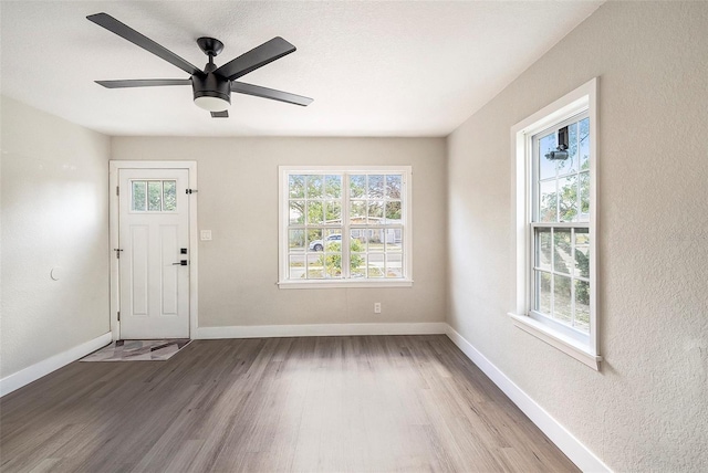 foyer with plenty of natural light, ceiling fan, and light wood-type flooring