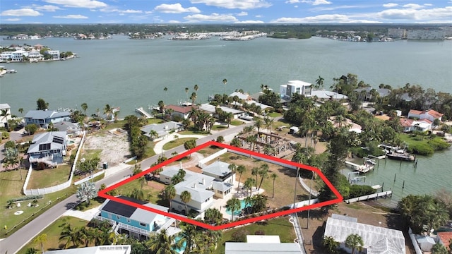 15825 Redington Dr, Redington Beach, FL 33708 - aerial view of residential area with a nearby body of water and property parcel outlined