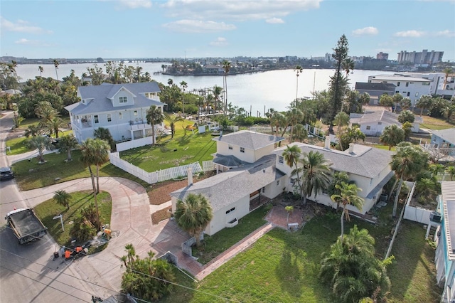 bird's eye view with a water view