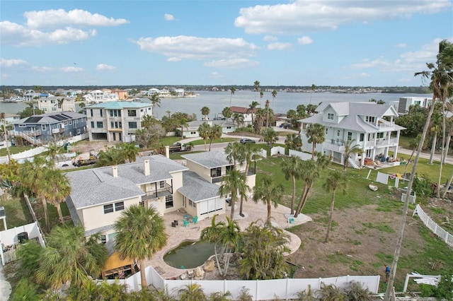 drone / aerial view with a water view