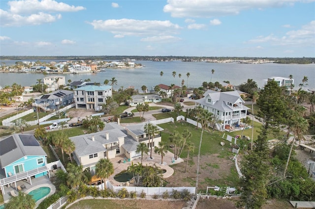 bird's eye view with a water view