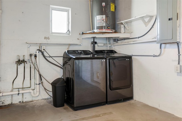 clothes washing area with electric panel, water heater, and hookup for a washing machine