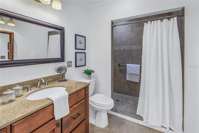 bathroom with walk in shower, tile patterned flooring, crown molding, toilet, and vanity