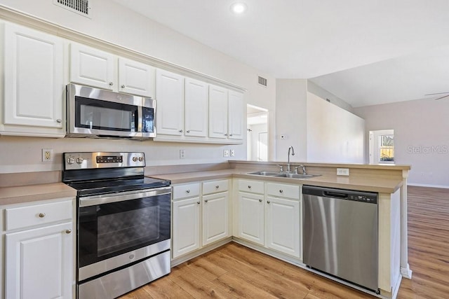 kitchen featuring kitchen peninsula, appliances with stainless steel finishes, light wood-type flooring, sink, and white cabinetry