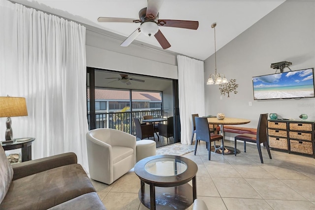 4621 Gulf Of Mexico Dr Unit D10, Longboat Key, FL 34228 - living room with a ceiling fan, light tile patterned floors, a chandelier, and high vaulted ceiling