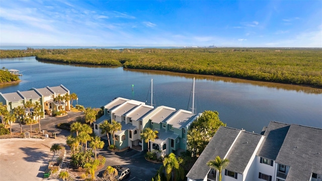 drone / aerial view featuring a water view