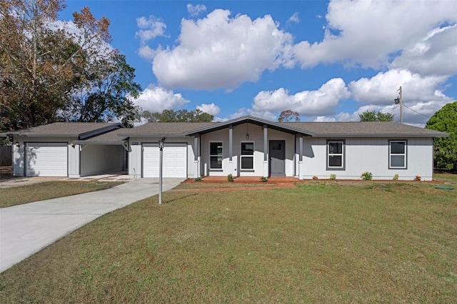 ranch-style home featuring a front yard and a garage