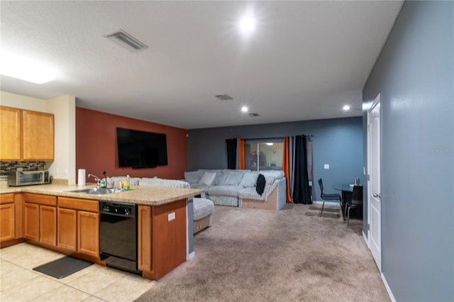 kitchen with sink, black dishwasher, backsplash, kitchen peninsula, and light colored carpet