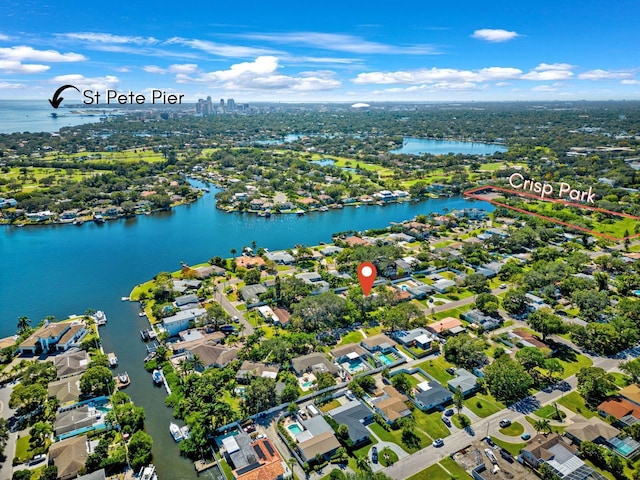 drone / aerial view with a water view