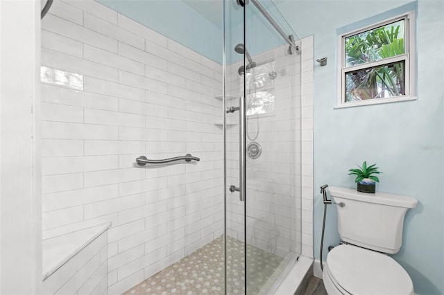 bathroom with a shower with shower door and toilet