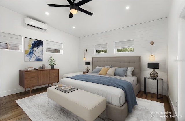 bedroom with dark hardwood / wood-style flooring, vaulted ceiling, a wall unit AC, and ceiling fan