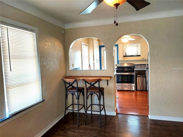 dining space with ceiling fan, plenty of natural light, and dark hardwood / wood-style flooring