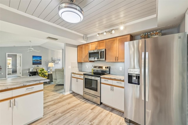 kitchen featuring vaulted ceiling, backsplash, stainless steel appliances, wooden ceiling, and light wood-type flooring