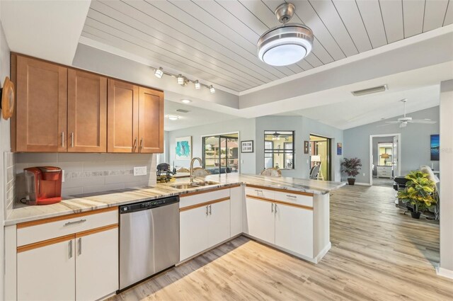 kitchen featuring sink, tasteful backsplash, stainless steel dishwasher, kitchen peninsula, and white cabinets