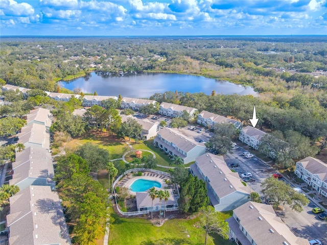 drone / aerial view featuring a water view