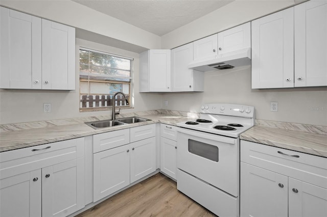 kitchen with sink, white electric range, light hardwood / wood-style flooring, a textured ceiling, and white cabinets