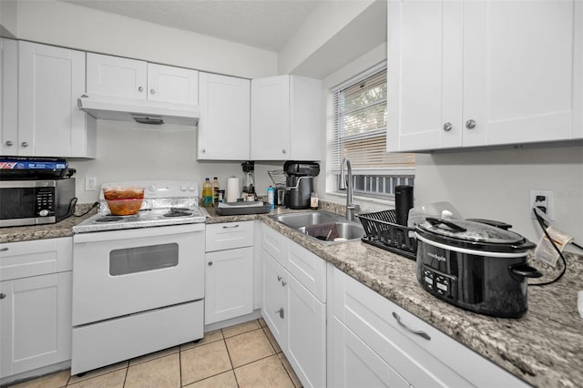 kitchen featuring white cabinets, electric stove, stainless steel microwave, under cabinet range hood, and a sink