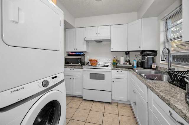 kitchen with a textured ceiling, sink, white electric stove, white cabinetry, and stacked washer / drying machine