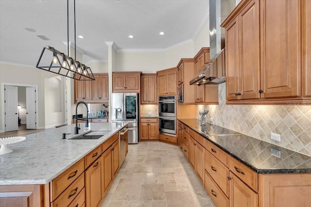 kitchen featuring pendant lighting, appliances with stainless steel finishes, ornamental molding, and sink