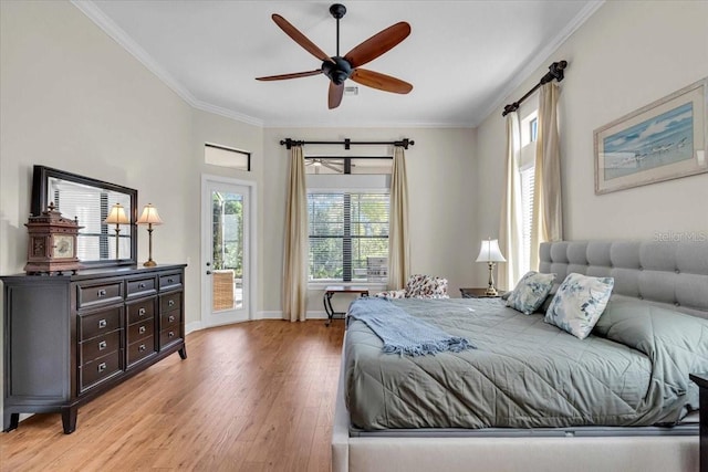 bedroom with ornamental molding, access to outside, ceiling fan, and light hardwood / wood-style floors