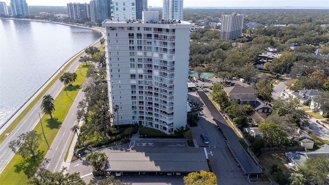 bird's eye view with a water view