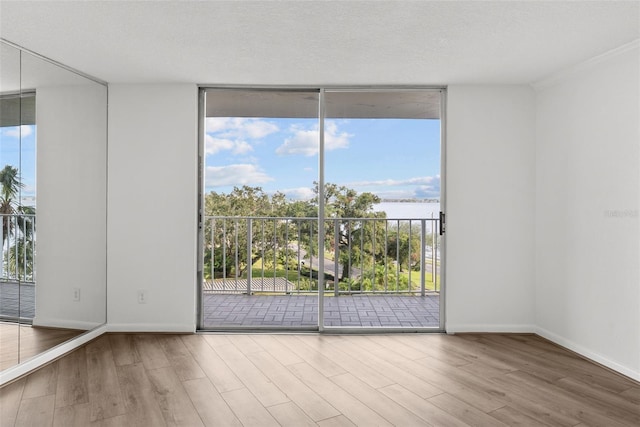 empty room with wood-type flooring, a textured ceiling, and floor to ceiling windows