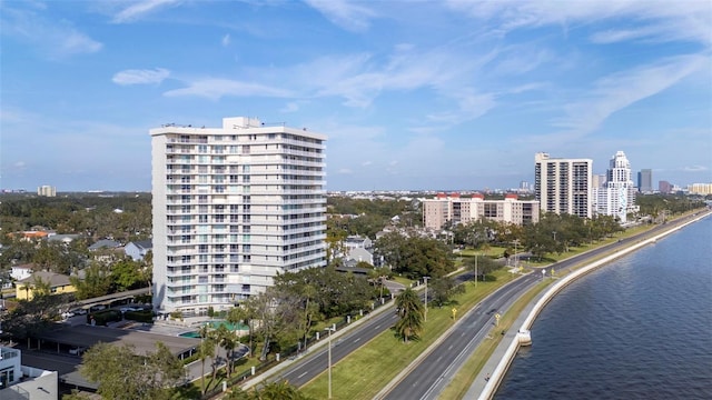 drone / aerial view featuring a water view