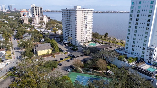 aerial view featuring a water view