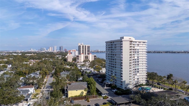 drone / aerial view with a water view