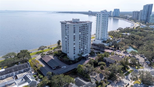 bird's eye view with a water view