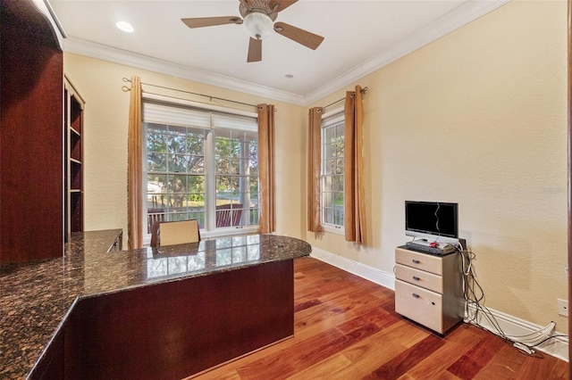 office area with ceiling fan, light hardwood / wood-style flooring, and ornamental molding