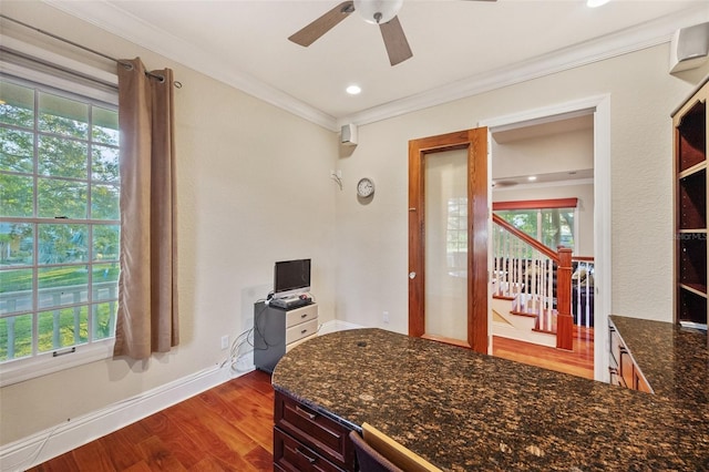 interior space featuring crown molding, ceiling fan, and hardwood / wood-style flooring