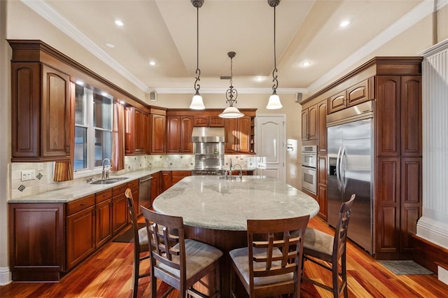 kitchen with dark hardwood / wood-style flooring, stainless steel appliances, sink, pendant lighting, and an island with sink