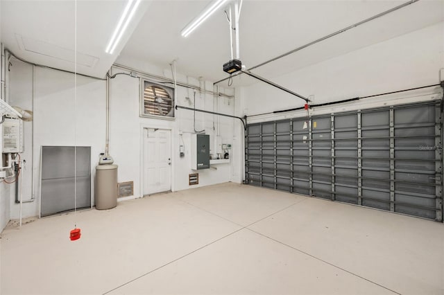 garage with electric panel and a garage door opener