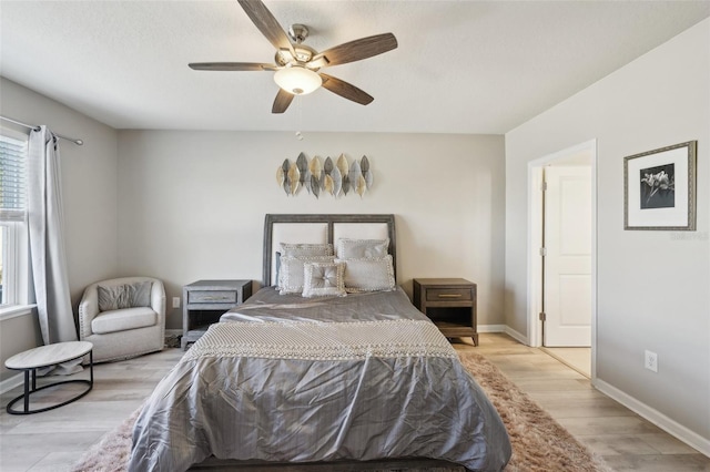 bedroom featuring light wood-type flooring and ceiling fan