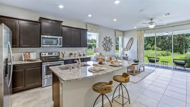 kitchen with a kitchen island with sink, sink, stainless steel appliances, and plenty of natural light