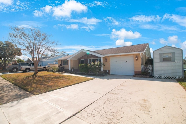 single story home featuring a garage and a front yard