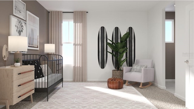 sitting room featuring light colored carpet