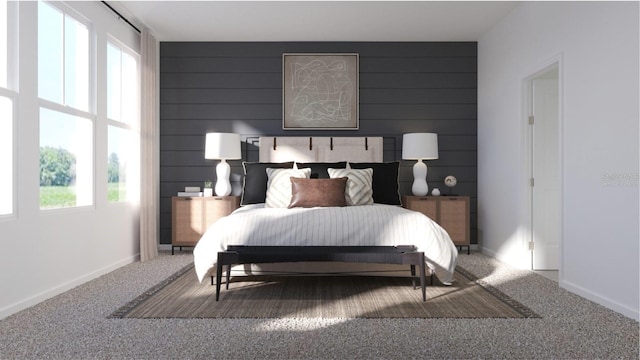 carpeted bedroom with wooden walls