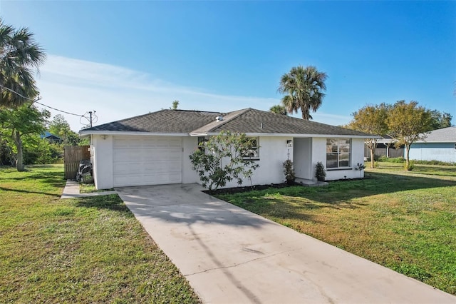 ranch-style home featuring a garage and a front lawn