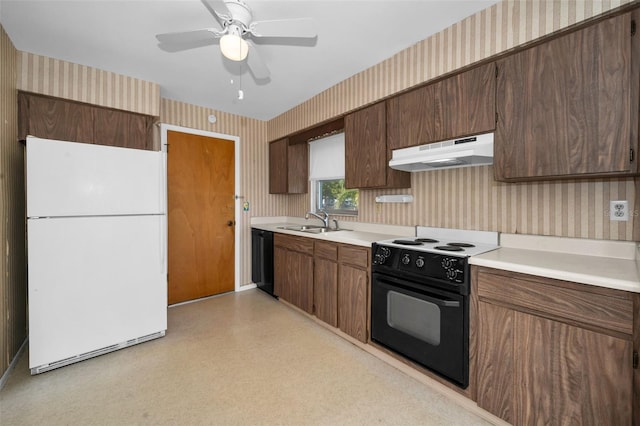 kitchen with sink, ceiling fan, and black appliances