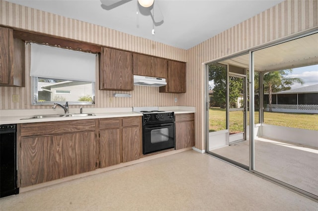 kitchen with black appliances, ceiling fan, sink, and a wealth of natural light