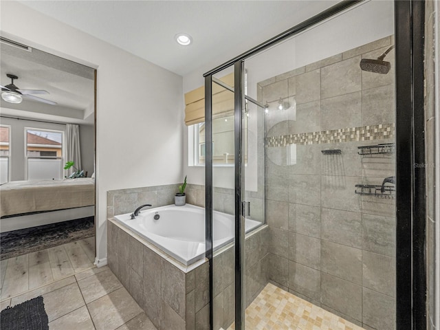 bathroom with shower with separate bathtub, ceiling fan, and hardwood / wood-style floors