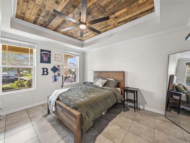 tiled bedroom with a raised ceiling, ceiling fan, wooden ceiling, and ornamental molding