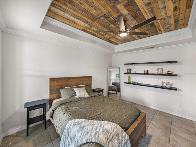 tiled bedroom with a tray ceiling, crown molding, ceiling fan, and wooden ceiling