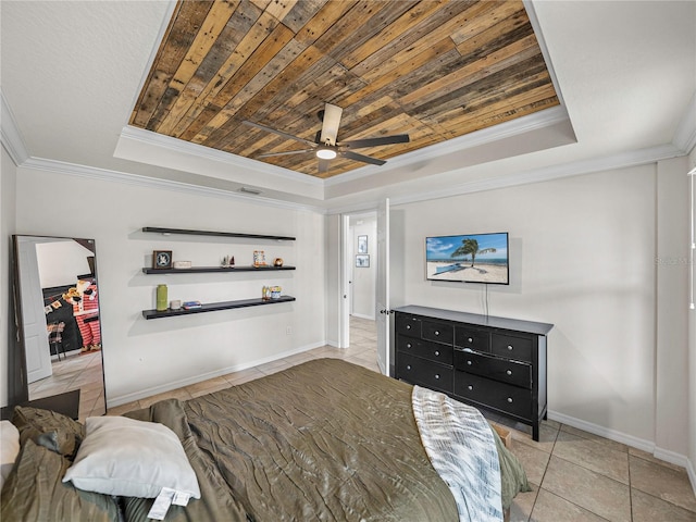 tiled bedroom with ceiling fan, a raised ceiling, ornamental molding, and wooden ceiling